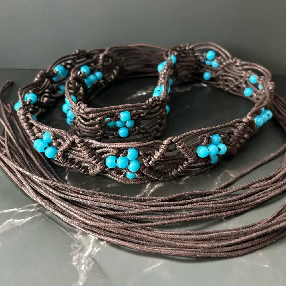 Vintage Artisan Brown and Blue Beaded Belt